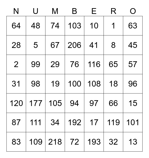 Numbero Bingo Card