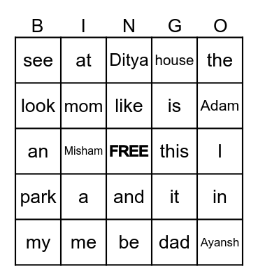 Snap Word Bingo Card