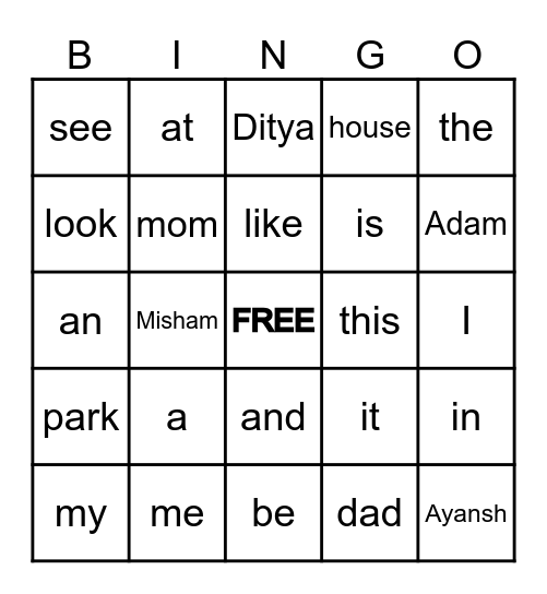 Snap Word Bingo Card
