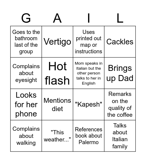 Mom Bingo Card