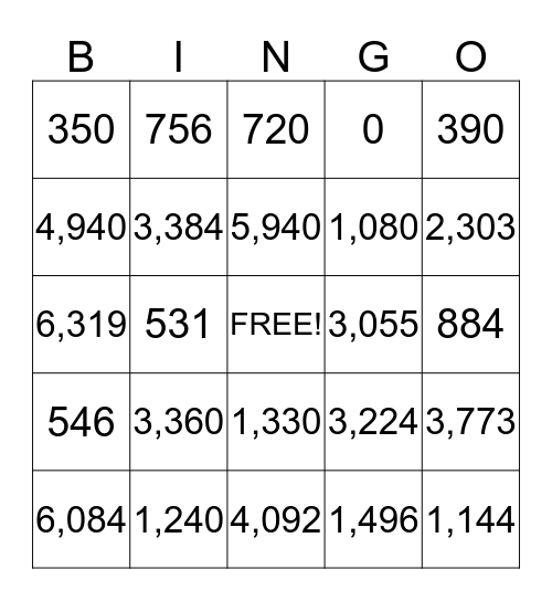 Multiplication Bingo Card