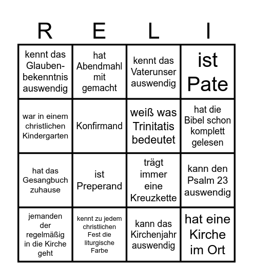 Reli Bingo Card