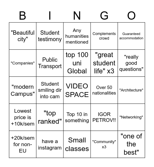 Uni Bingo Card