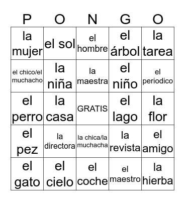 misc. nouns Bingo Card