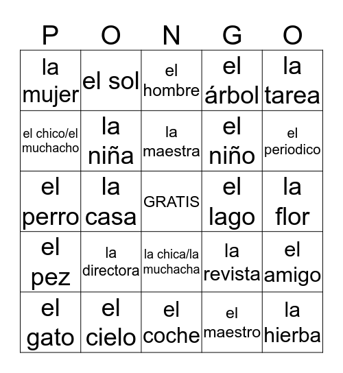 misc. nouns Bingo Card