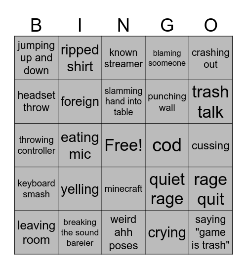 gamer rage Bingo Card