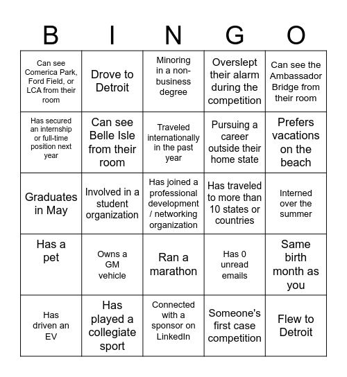 Case Competition Bingo Card