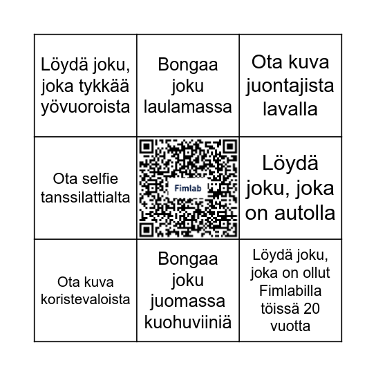 Jaa bingon kuvatehtävät keskellä olevan QR-koodin kautta yhteiseen kuvagalleriaan! Täytettyjen bingo-korttien kesken arvotaan palkintoja. Bingo Card