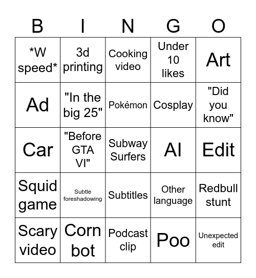 YT Bingo Card