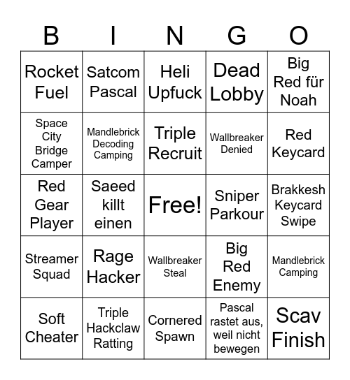 Delta Force Bingo Card