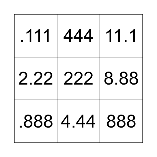 Multiplying Decimals Bingo Card
