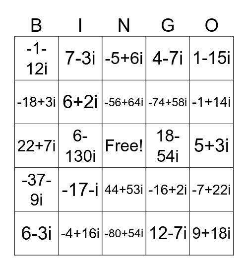 Complex Number Bingo Card