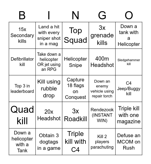 Battlefield Bingo Card