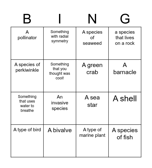 Biodiversity Bingo Card