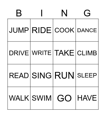 ACTION VERBS Bingo Card