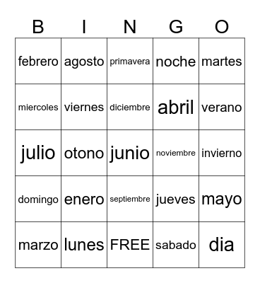 Months, Days. and Seasons Bingo Card