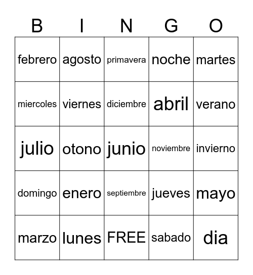 Months, Days. and Seasons Bingo Card