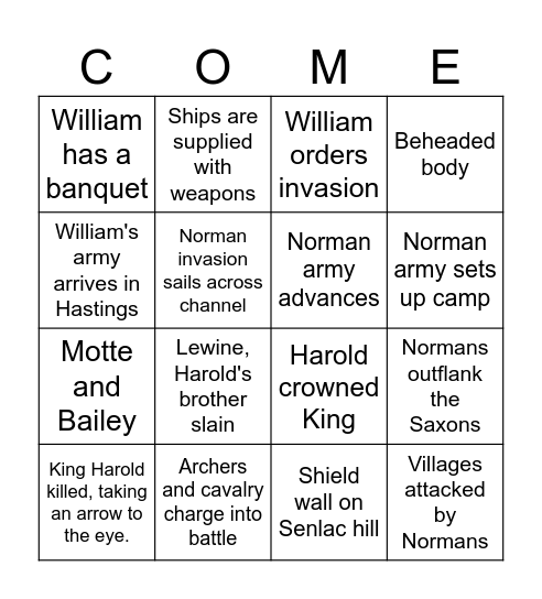 Bayeux Bingo Card