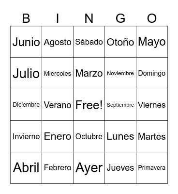 Months of the Year Bingo Card