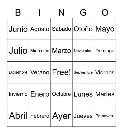 Months of the Year Bingo Card
