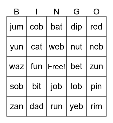 Short Vowels Bingo Card