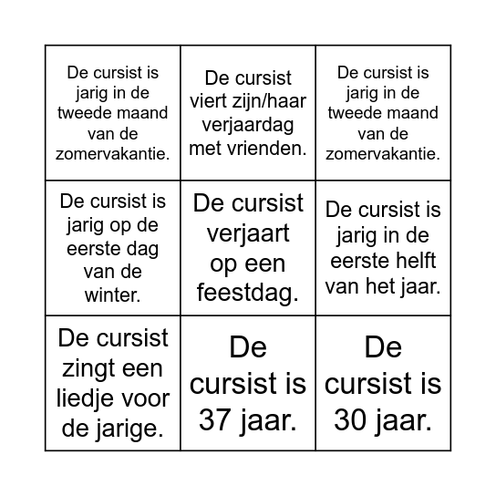 leeftijd/verjaardag Bingo Card