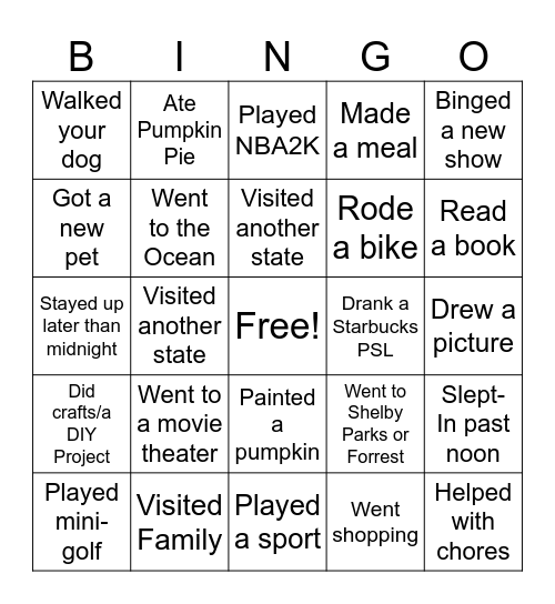 Mr. Pence: Fall Break Bingo Card