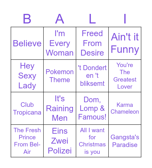 Bali Bingo Card