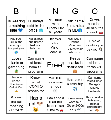 Office of Transportation Bingo Card
