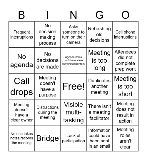 Bad Meeting Bingo Card