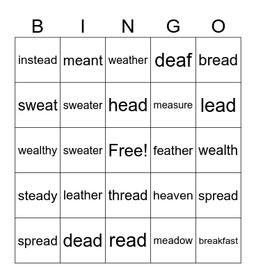EA WOrds Bingo Card