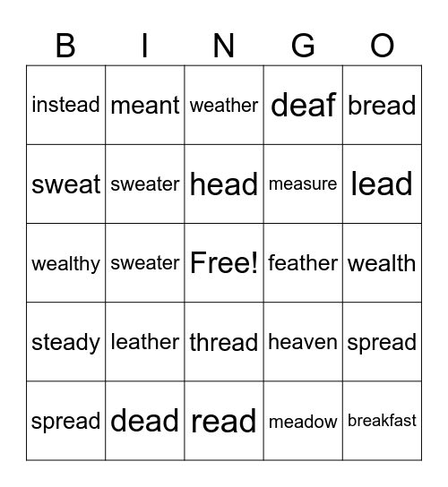 EA WOrds Bingo Card