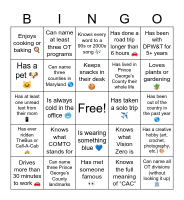 Office of Transportation Bingo Card