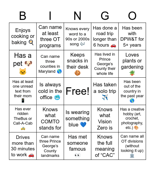 Office of Transportation Bingo Card
