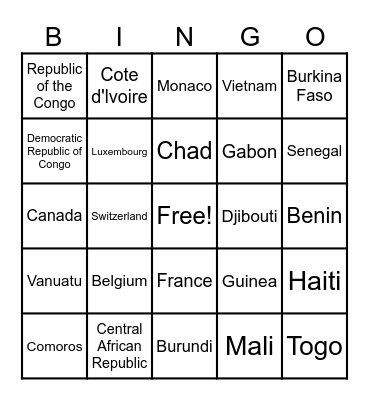 French Countries Bingo Card