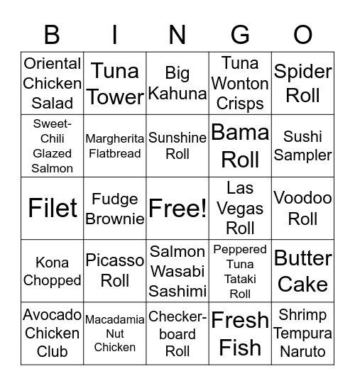 Kona Grill Bingo Card