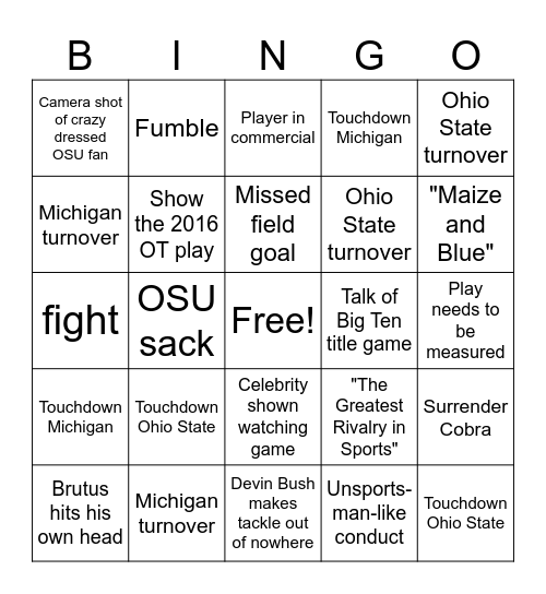 University of Michigan vs. Ohio State BINGO! Bingo Card
