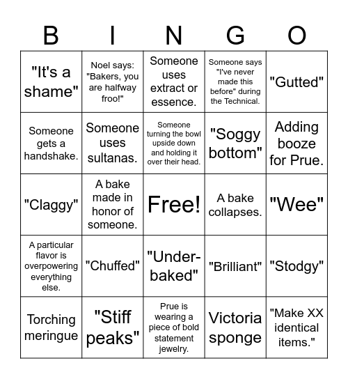 The Great British Baking Show Bingo Card