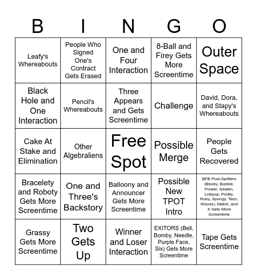 TPOT 20 (Theater and YouTube) Predictions Bingo Card