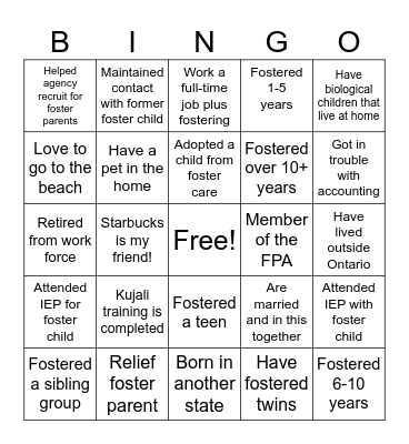 Foster Parent Bingo Card