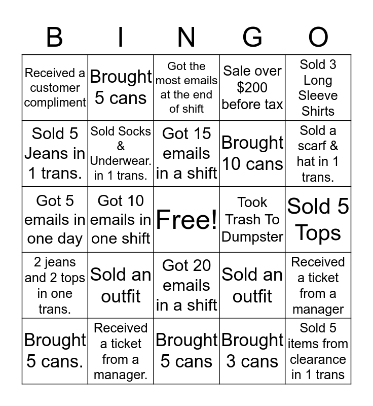 Levi's Bingo Bingo Card