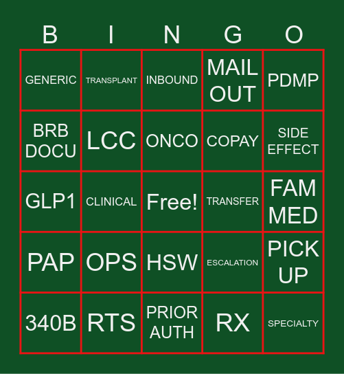 PHARMACY BINGO Card