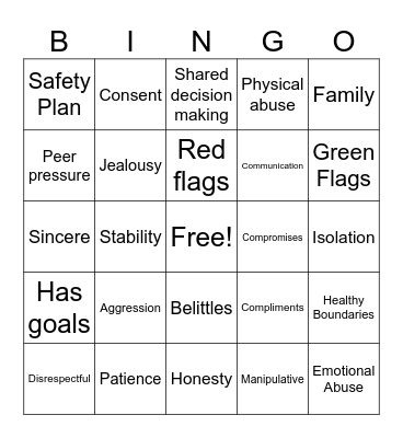 Healthy vs Unhealthy Relationships Bingo Card