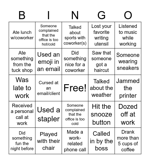 Workplace Bingo Card