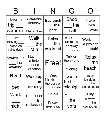 In, On, At Bingo Card