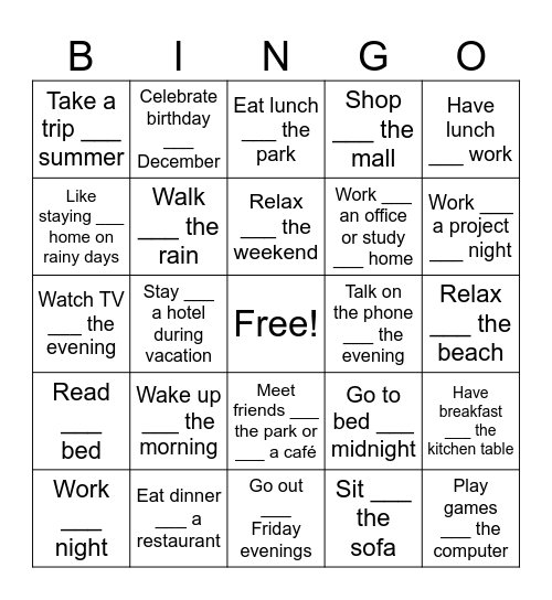 In, On, At Bingo Card