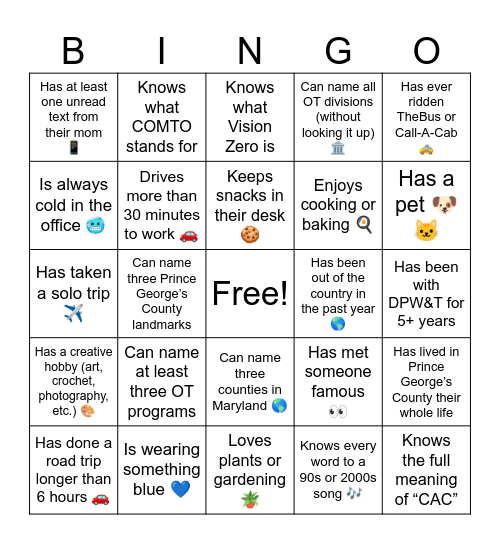 Office of Transportation Bingo Card