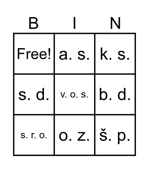 Skratky právnych foriem obchodných spoločností Bingo Card