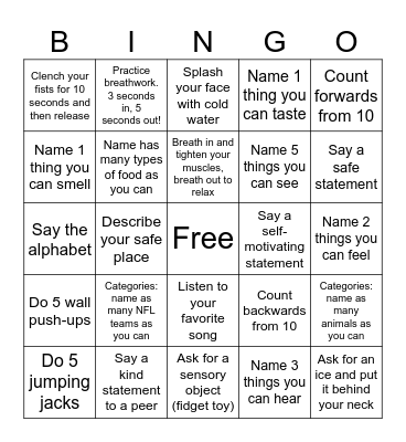 Grounding Skills Bingo Card