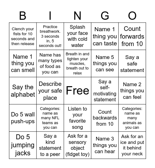 Grounding Skills Bingo Card